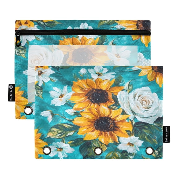 Iauyy Pencil Case for 3-Ring Binder, Transparent Window Pencil Box with Smooth Zipper, Large Capacity 3-Ring Binder Pencil Case, with 3 Reinforced Eyelet,Floral