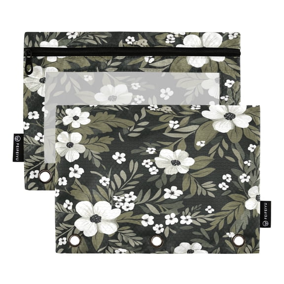 Iauyy Pencil Case for 3-Ring Binder, Transparent Window Pencil Box with Smooth Zipper, Large Capacity 3-Ring Binder Pencil Case, with 3 Reinforced Eyelet,Flower