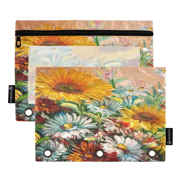 Iauyy Pencil Case for 3-Ring Binder, Transparent Window Pencil Box with Smooth Zipper, Large Capacity 3-Ring Binder Pencil Case, with 3 Reinforced Eyelet,Flowers