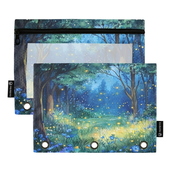 Iauyy Pencil Case for 3-Ring Binder, Transparent Window Pencil Box with Smooth Zipper, Large Capacity 3-Ring Binder Pencil Case, with 3 Reinforced Eyelet,Forest