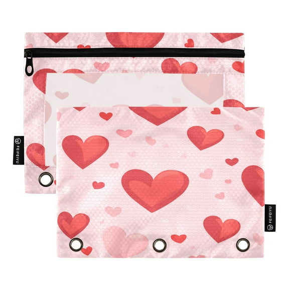 Iauyy Pencil Case for 3-Ring Binder, Transparent Window Pencil Box with Smooth Zipper, Large Capacity 3-Ring Binder Pencil Case, with 3 Reinforced Eyelet,Heart
