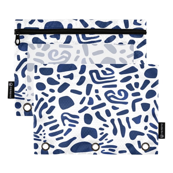 Iauyy Pencil Case for 3-Ring Binder, Transparent Window Pencil Box with Smooth Zipper, Large Capacity 3-Ring Binder Pencil Case, with 3 Reinforced Eyelet,Indigo Shapes