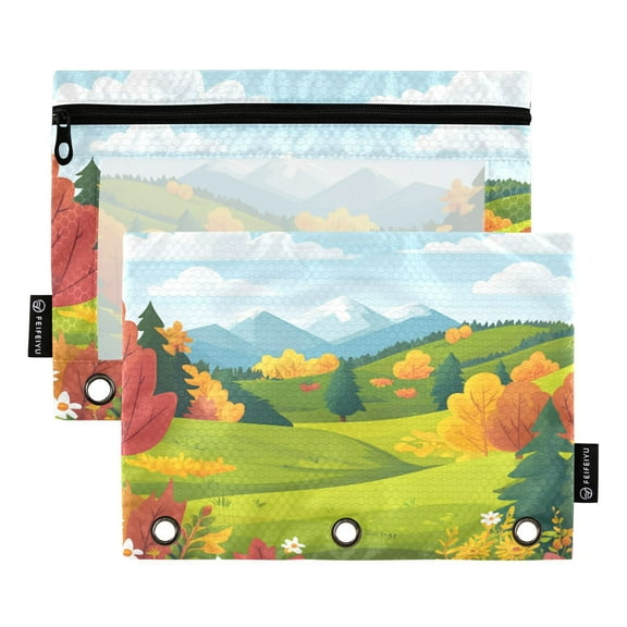 Iauyy Pencil Case for 3-Ring Binder, Transparent Window Pencil Box with Smooth Zipper, Large Capacity 3-Ring Binder Pencil Case, with 3 Reinforced Eyelet,Landscape