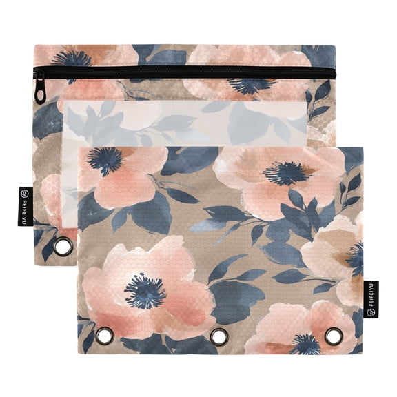 Iauyy Pencil Case for 3-Ring Binder, Transparent Window Pencil Box with Smooth Zipper, Large Capacity 3-Ring Binder Pencil Case, with 3 Reinforced Eyelet,Large Flowers
