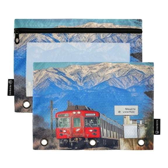 Iauyy Pencil Case for 3-Ring Binder, Transparent Window Pencil Box with Smooth Zipper, Large Capacity 3-Ring Binder Pencil Case, with 3 Reinforced Eyelet,Moving Train