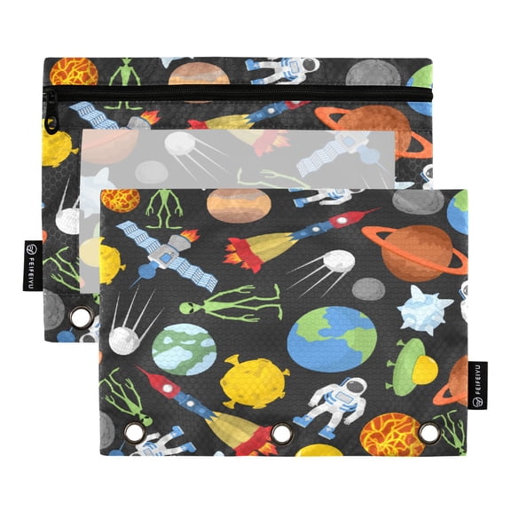 Iauyy Pencil Case for 3-Ring Binder, Transparent Window Pencil Box with Smooth Zipper, Large Capacity 3-Ring Binder Pencil Case, with 3 Reinforced Eyelet,Space Elements