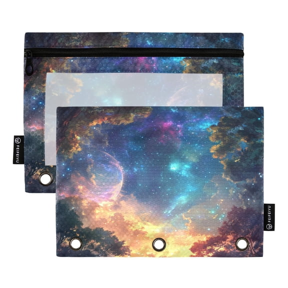 Iauyy Pencil Case for 3-Ring Binder, Transparent Window Pencil Box with Smooth Zipper, Large Capacity 3-Ring Binder Pencil Case, with 3 Reinforced Eyelet,Starry Skys