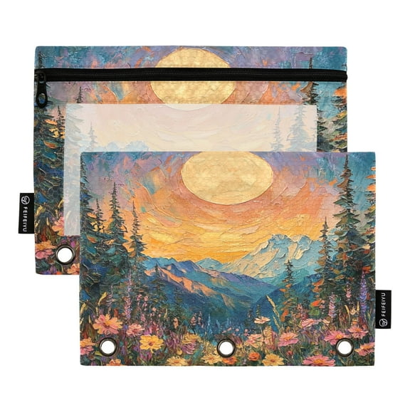 Iauyy Pencil Case for 3-Ring Binder, Transparent Window Pencil Box with Smooth Zipper, Large Capacity 3-Ring Binder Pencil Case, with 3 Reinforced Eyelet,Sunset