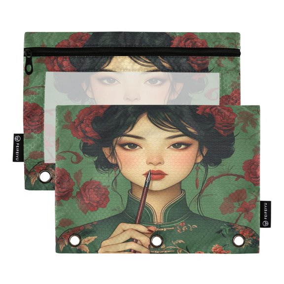 Iauyy Pencil Case for 3-Ring Binder, Transparent Window Pencil Box with Smooth Zipper, Large Capacity 3-Ring Binder Pencil Case, with 3 Reinforced Eyelet,Woman
