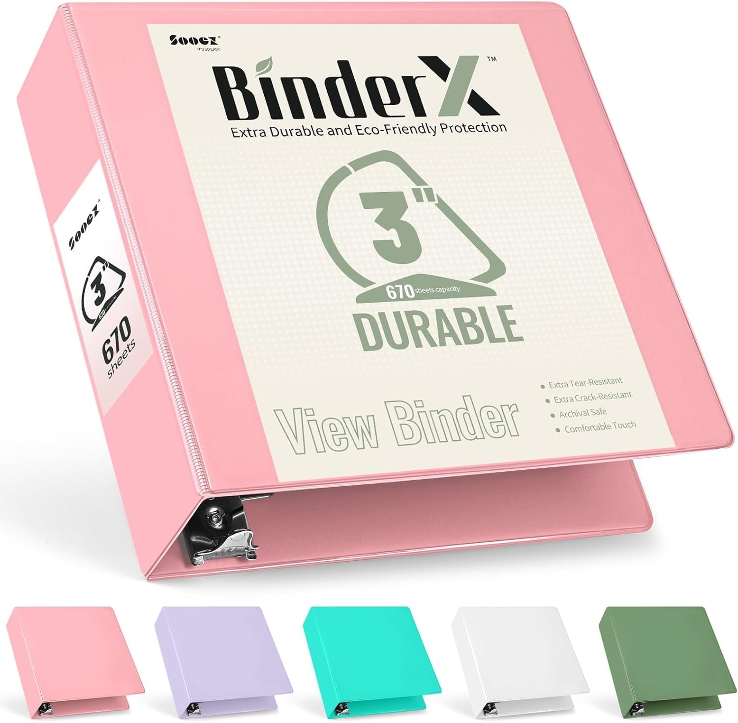 BinderX Extra Durable 3 Inch 3 Ring Binder, D-Ring Large Binder, Holds 670 Sheets of 8.5x11 Paper, Customizable View Cover with Inside Pocket, Heavy Duty 3 Ring Binder for School, Pink