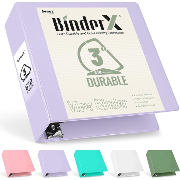 BinderX Extra Durable 3 Inch Ring Binder, D-Ring Lar Binders, Holds 670 Sheets of 8.5x11 Paper, Customizable View Cover with 2 Inside Pockets, School & Office Supplies, Lavender