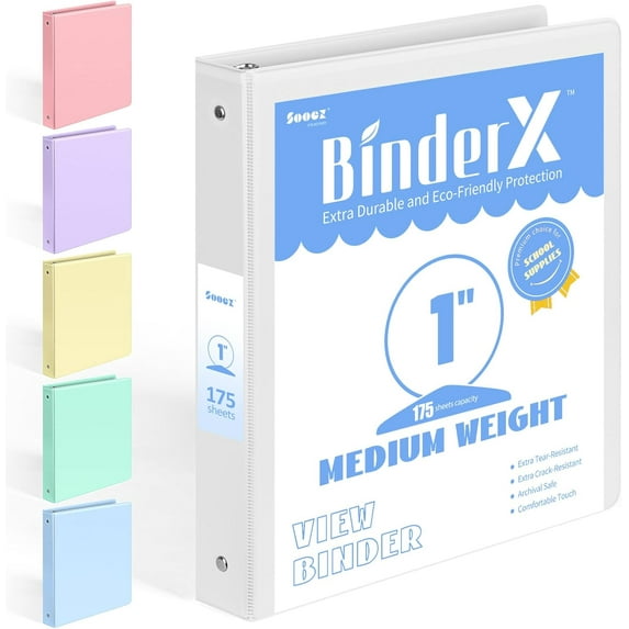 BinderX Extra Durable 3 Ring Binder, Round Rings 1 Inch Binder, Fits 175 Sheets of 8.5x11 Paper, Customizable View Cover with Inside Pockets, Cute 1" Binders, 1 Inch Binders 3 Ring, Aqua Blue