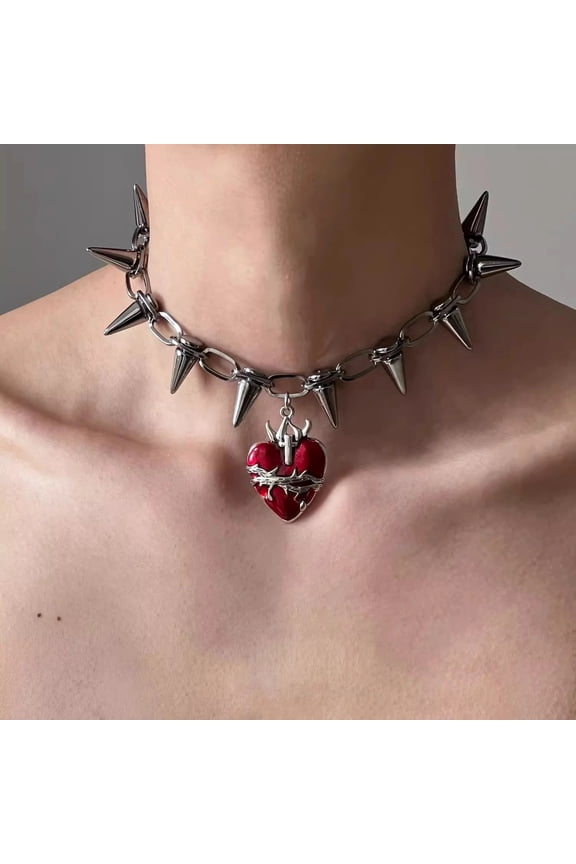 Binding Heart Rivet Punk Necklace, Dark Y2K Hip Hop Street Costume Chorus, Neutral Gothic and Alternative Accessories 