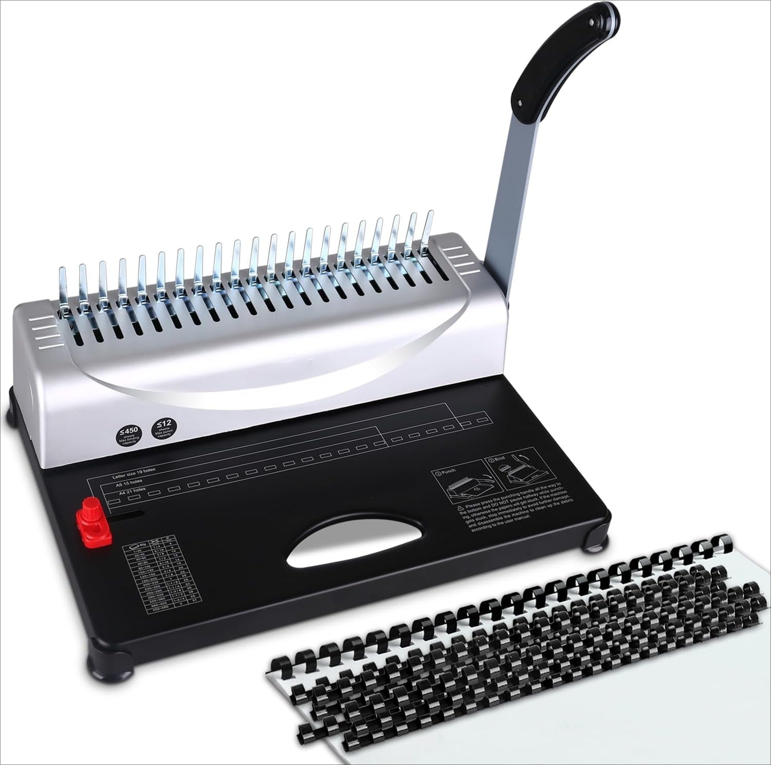 Binding Machine, 21-Hole, 450 Sheets, Comb Binding Machines with 1 Box Comb Bindings Spines
