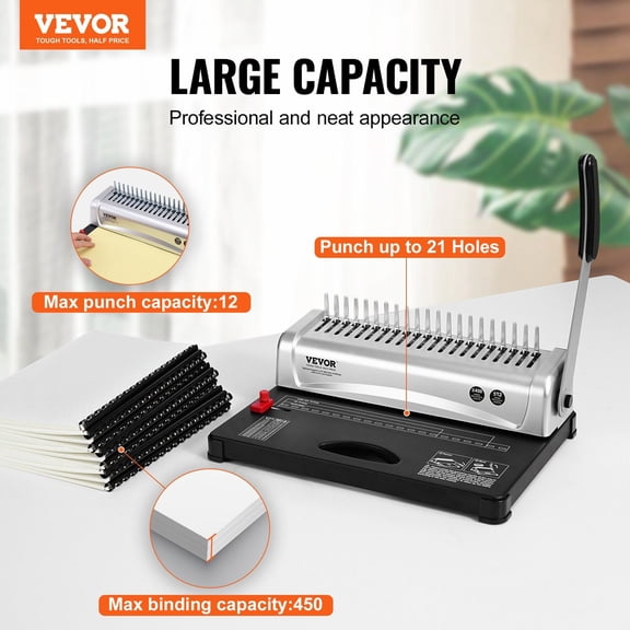 Binding Machine,Comb Binding Machine 21-Holes Binding 450 Sheets,Book Binder Machine with 100 PCS 3/8"Comb Binding Spines,for Letter Size,A4,A5