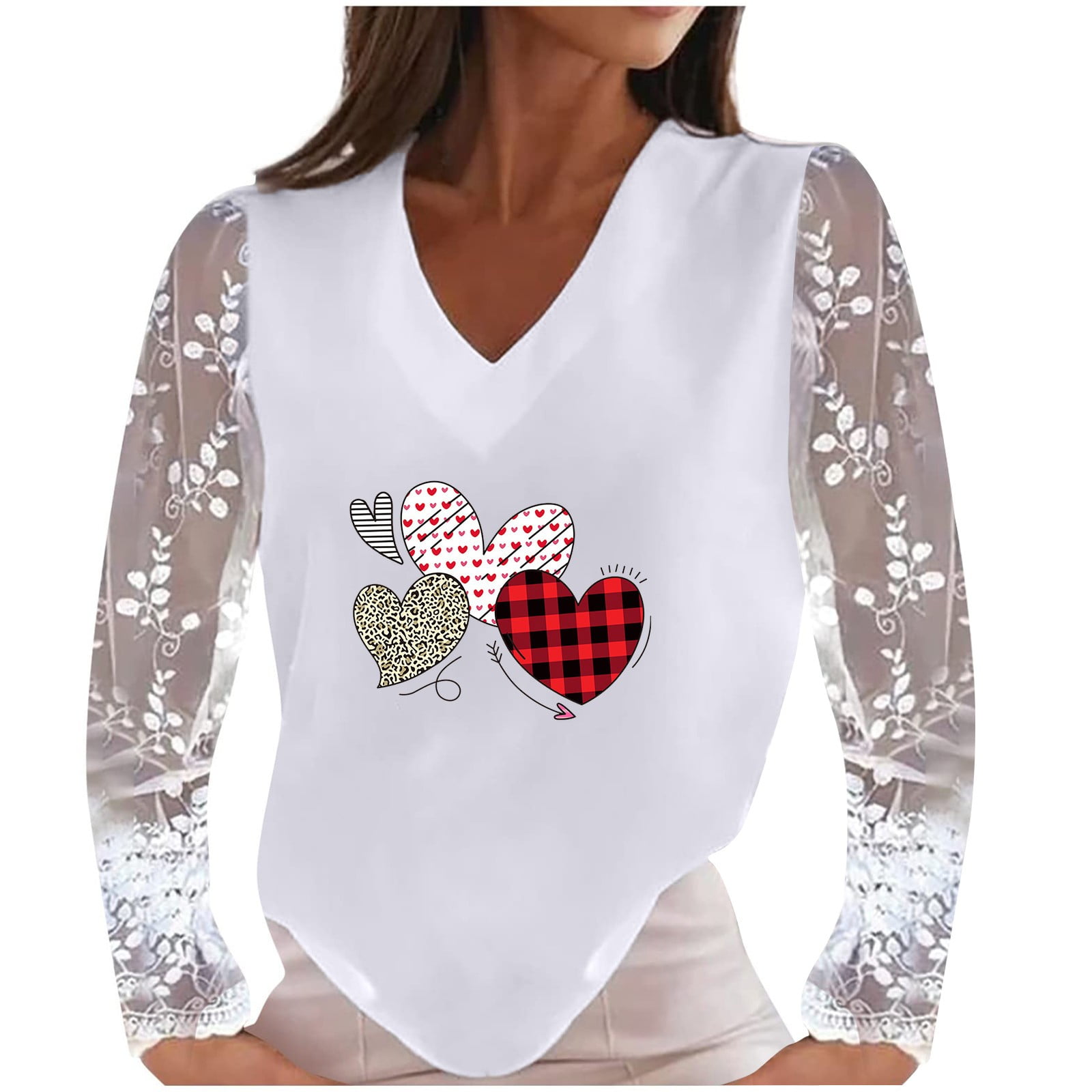 Women Casual Lace Long Sleeve Patchwork V-Neck Pullover Heart Print T-shirt Tops Plus Size Blouses Shirt Dressy for Fall