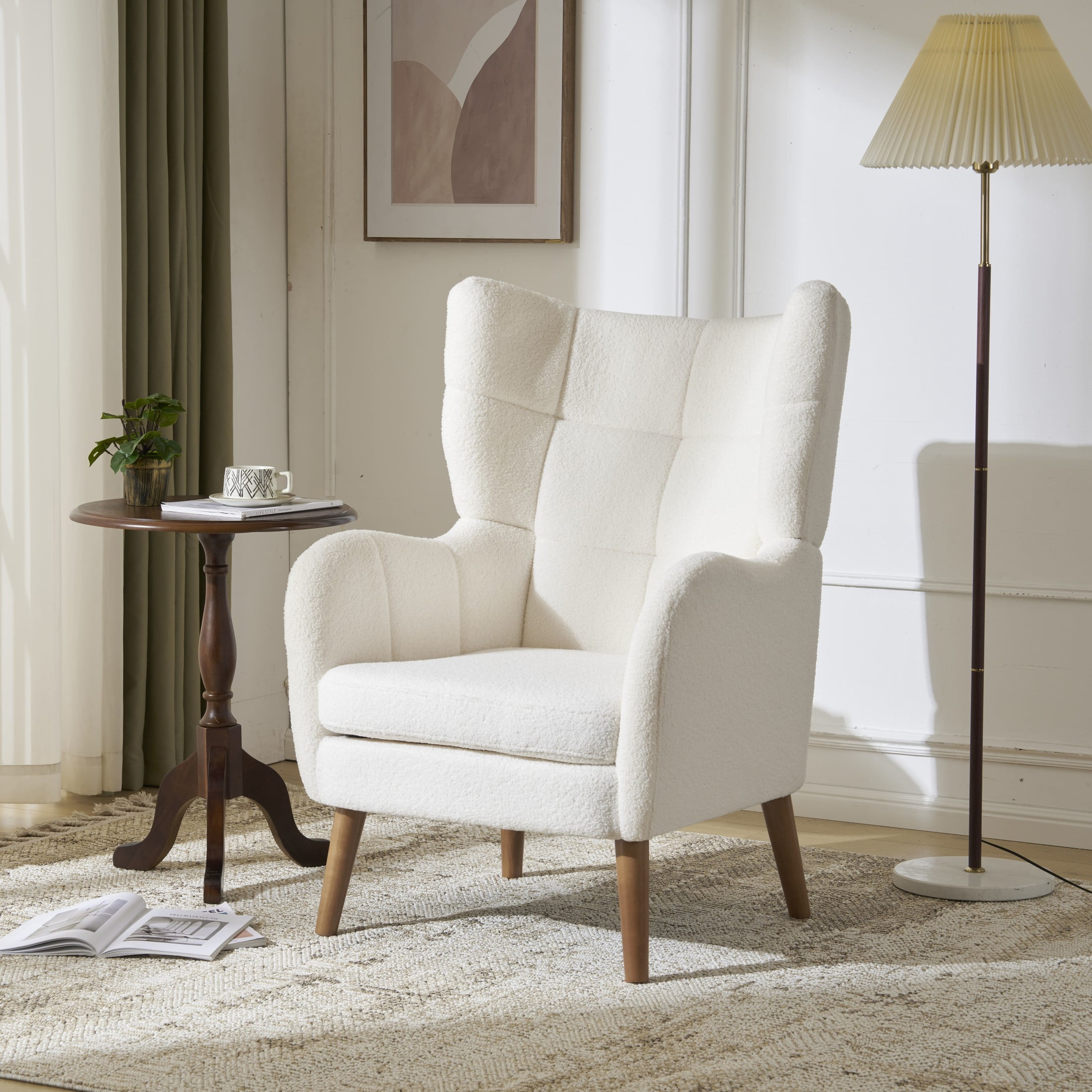 Christopher Knight Home Mid Century Accent Chair, Comfy Teddy Upholstered with Birch Wood Legs, White