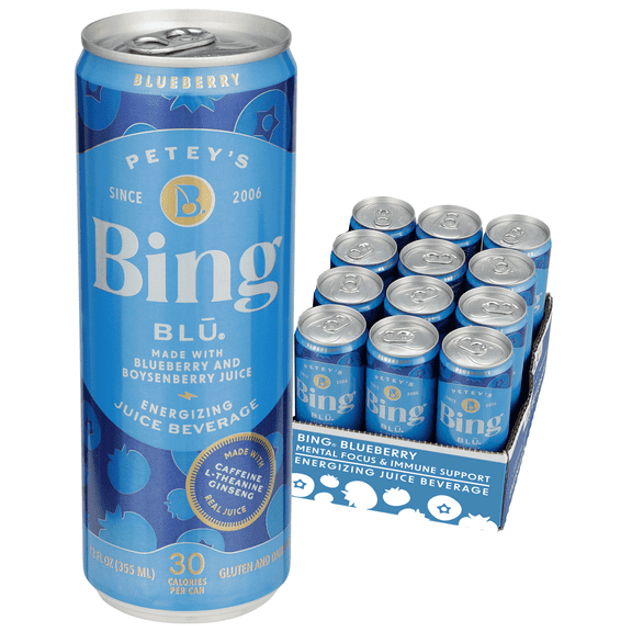 Bing Beverage Healthy Energy Drinks, Bing Blu, 12 oz (12 Pack)