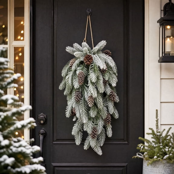 BingTong 2 Pcs Extra-Long Snow Christmas Teardrop Swag,Artificial Frosted Door Swag Norfolk Pine Needle Teardrop Wreath,Snow-Dusted Pine Swags for Front Door Mantle Outdoor Decor,C