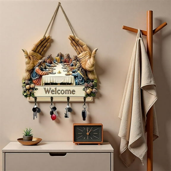 BingTong 2D Flat Jesus Disciples Wall Art With Key Hooks,Religious Keychain Holder,Rustic Farmhouse Decor Rack Organizer For Entryway,Hallway,Entry,Gifts For Family,Friends 1pcs