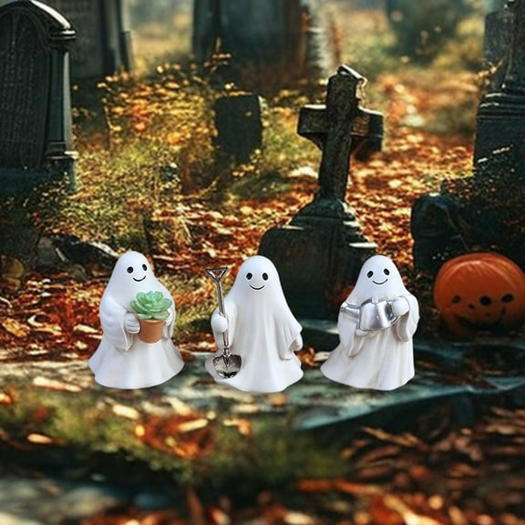 BingTong 3pcs Ghost Figurine, Cute Gardening Ghost Halloween Decorations, Resin Miniature Halloween Figurines for Indoor Outdoor Garden Flower Pot A