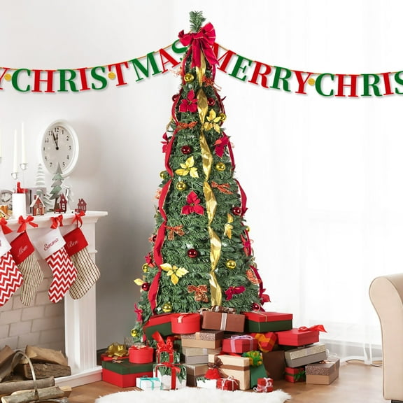 BingTong 6ft Pops Up Christmas Tree Premiums Artificial Christmas Tree Foldable Stand Hinged Tree For Indoor Office Party Holiday Decoration Colorful With Ribbon Bow 6ft