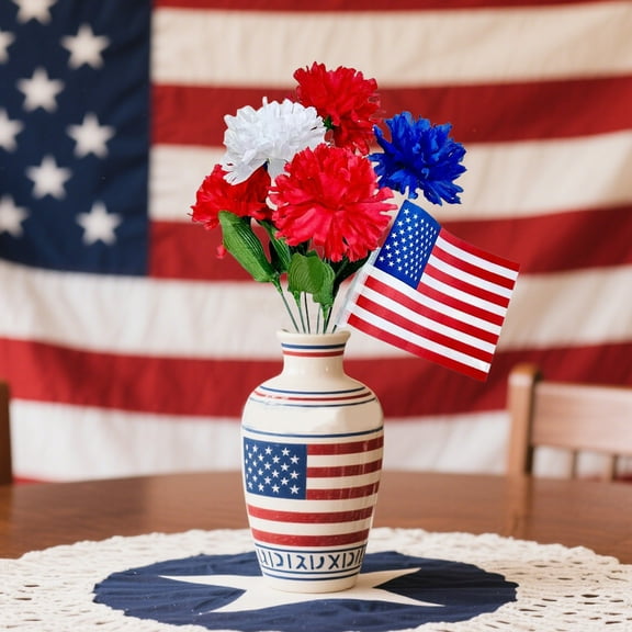 Gpaecead 8 Stems Patriotic Memorial Bouquet Artificial Blooming Chrysanthemum, Thank You Veterans Roses with American Flags, Artificial Full Blooming Flowers for Memorial Day, Red/Blue/White
