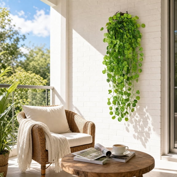 BingTong Artificial Hanging Ivy Vine Plant, Faux Round Leaf Green Wall Hanging Basket Foliage, No Maintenance Fake Trailing Greenery for Indoor Wall Decor B