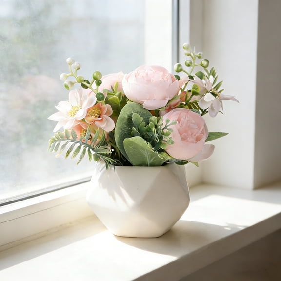 BingTong Artificial Peony Flower Potted Arrangement, Multi Color Faux Floral Bouquet With Geometric White Vase, Small Tabletop Fake Plant Decor for Home Indoor Display Pink