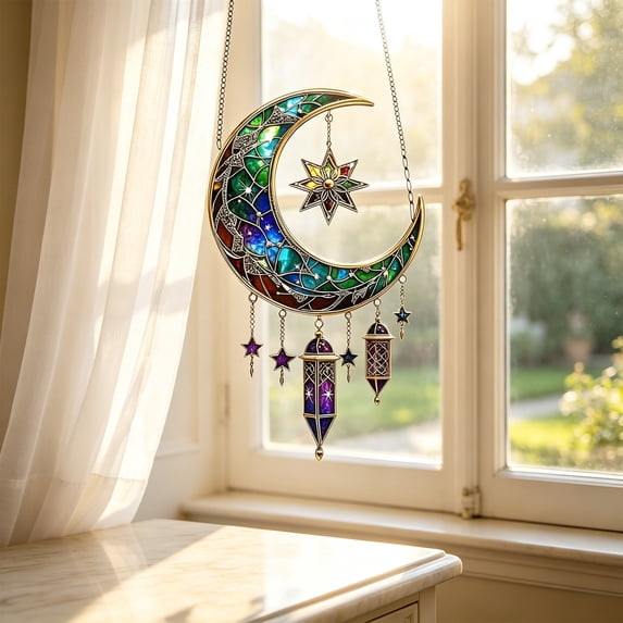 BingTong Bohemian Style Dreamcatcher Pendant,Bird Cow Angel Moon Pattern Suncatcher Pendant With Metal Chain, Colorful Light Catching Wall Window Decor For Home Decor Doors Windows B