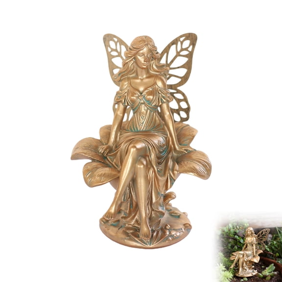 BingTong Bronze Patina Sitting Flower Fairy Resin Statue, Hollow Butterfly Wing Elf Sculpture on Large Leaf, Indoor Outdoor Garden Patio Desktop Decor Figurine