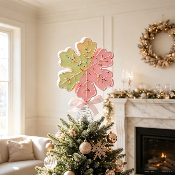 BingTong Candy Style Snowflake Christmas Tree Topper – Beaded Fabric Tree Top Ornament With Spring Base Ribbon Bow, Sweet Macaron Color Xmas Pine Tree Top Decor E
