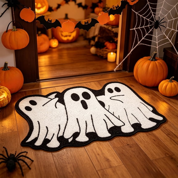 BingTong Cartoon Ghost Themed Fall Welcome Mat,Variety Spooky Adorable Ghost Shape Entryway Rug,Weather Resistant Low Profile Door Mat for Home Apartment Cafe Halloween Decoration Ghost C