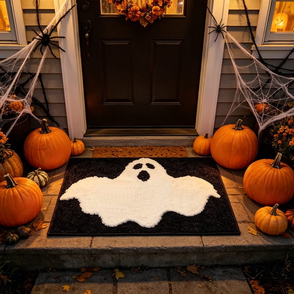 BingTong Cartoon Ghost Themed Fall Welcome Mat,Variety Spooky Adorable Ghost Shape Entryway Rug,Weather Resistant Low Profile Door Mat for Home Apartment Cafe Halloween Decoration Ghost E