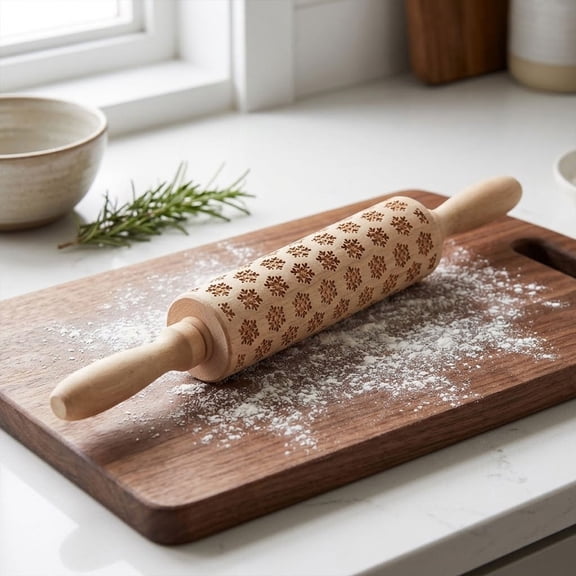 BingTong Christmas Embossed Wooden Rolling Pin,Engraved Pattern Dough Roller for Baking Cookies,Wooden Embossing Rolling Pin for Holiday Kitchen Baking,Cake Pastry Dough Decorating Tool,C