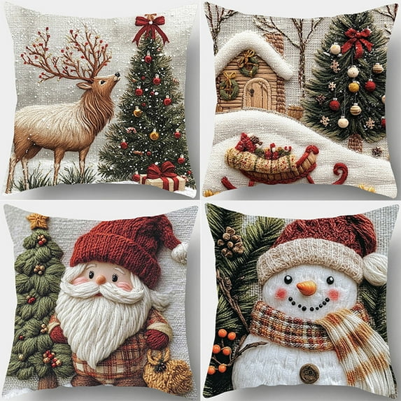 BingTong Christmas Pillow Cover - Snowman Cushion Covers | Xmas Floral Cushion Covers | Vintage Christmas Winter Sofa| Chair Sofa Bedroom Living Snowflakes Room Dorm Apartment Den 4PCS E Style 2