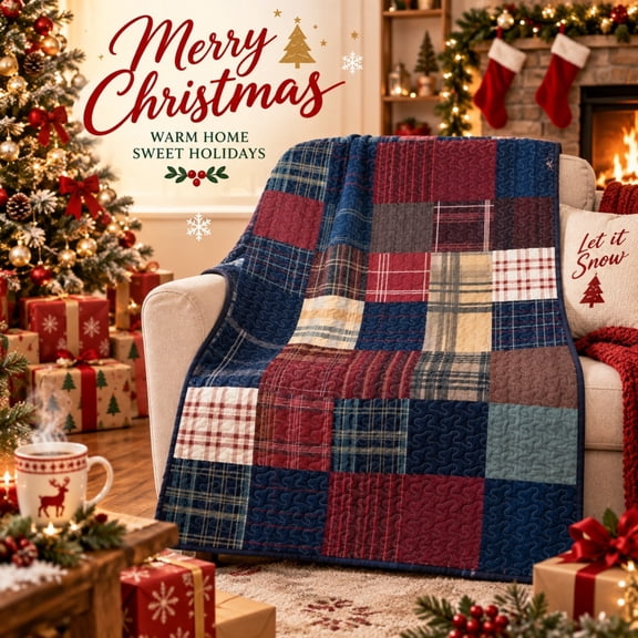 BingTong Christmas Quilted Throw Blanket Vintage Patchwork, Flannel Red Green Blue Plaid Bedding Retro Festive Checkered Cozy Blankets for Sofa Couch Bed Home Decor,A1