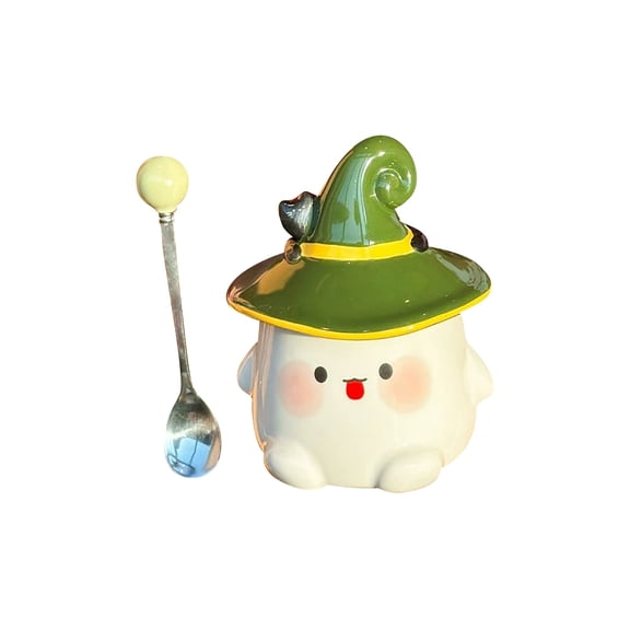 BingTong Cute Ghost Witch Hat Ceramic Mug,Halloween Ghost Shaped Coffee Cup With Cat Witch Hat Lid And Spoon,For Daily Drinking, Party Decor & Holiday Green