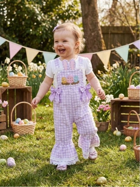 BingTong Easter Egg Sleeveless Bells-Bottom Romper With Bunny Embroidery Romper Outfit Flare Pants Bell Bottom Jumpsuit Purple 12 Months