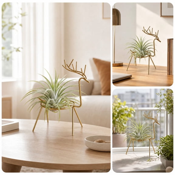 BingTong Elegant Deer Shaped Plant Stand, Gold Metal Wire Frame With Branch Antler Accent, Display Air Plants Succulents Herbs on Tabletop Window Sill Shelf, Gold