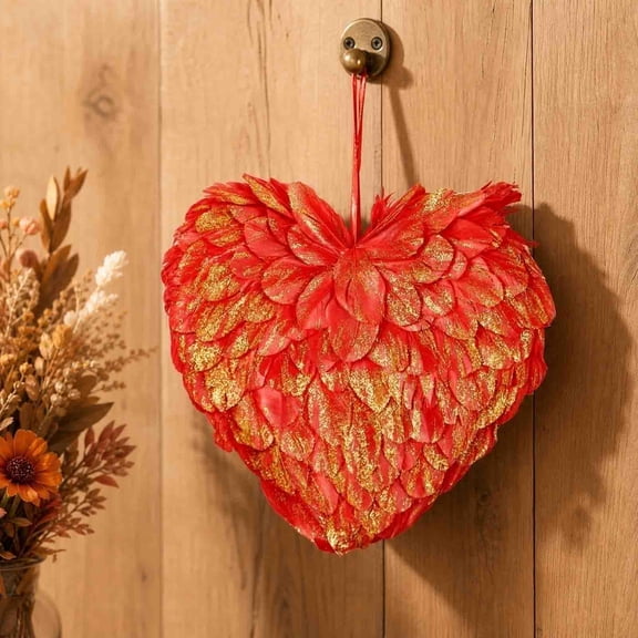 BingTong Feather Heart Wreath 9.8 x 9.8 Inch Red & Gold Handcrafted Garland, Fall Thanksgiving Door Hanging (Orange)