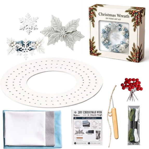 BingTong Festive DIY Christmas Wreath Kit, 12 Inch Foam Base With Fabric Snowflake Accents, Handmade Holiday Craft for Door Wall Mantel Display, Frosty Snowflake Design