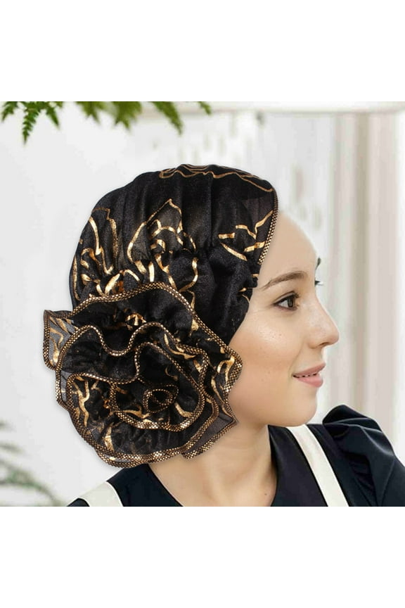 Flower Lace Turban Floral Lace Headscarf Hats Beanie Cap Stretchy Hair Wrap for Women Headwrap Headscarf Bonnet Indian Cap Hair Loss Hat Gauze With Ruffled Edges Black