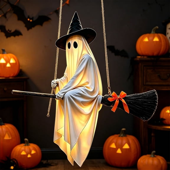 BingTong Flying Ghost on Broomstick Light – 12 Inch Hanging Ghost with Remote Control, Glowing Halloween Decor (White)