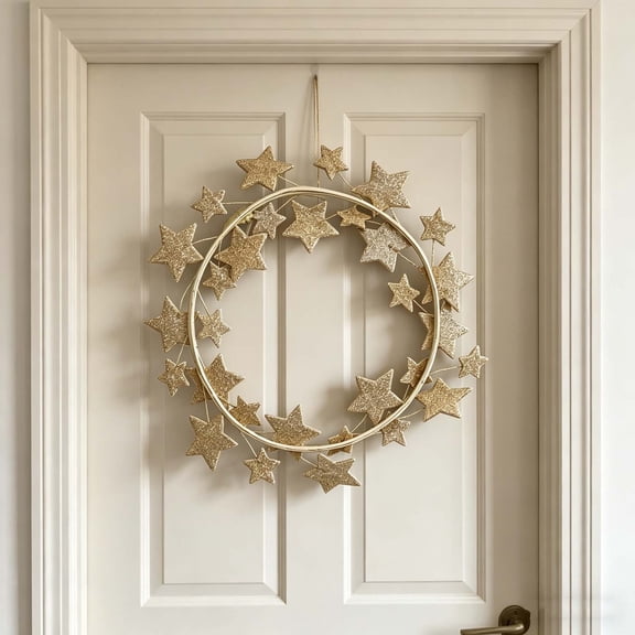 BingTong Gold Glitter Star Wreath Festive Star Garland for Front Door Wall Holiday Party Decor (Gold)