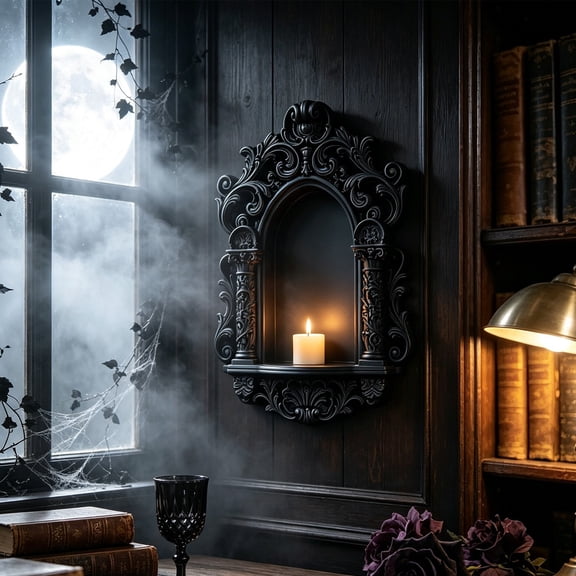 BingTong Gothic Arch Candle Display Stand, 1 Piece Molded Plastic Base, Decorative Altar Storage For LED Candles And Halloween Table Decor, Baroque Scroll Design