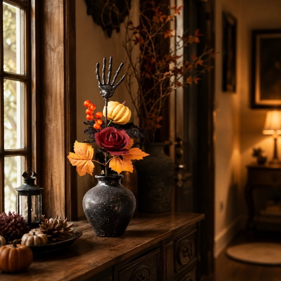 BingTong Halloween Artificial Floral Pick Stems, Skeleton Hand Pumpkin Maple Leaf Fake Flower Sprays, Assorted Fall Faux Bouquet Branches For Vase Arrangement & Holiday Table Decor A