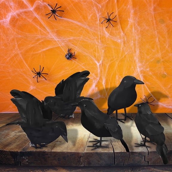 BingTong Halloween Black Crows Decorations, Realistic Handmade Black Feathered Crows, Halloween Gothic Ornaments For Table Centerpieces, Party, Indoor & Outdoor Five Piece Set black