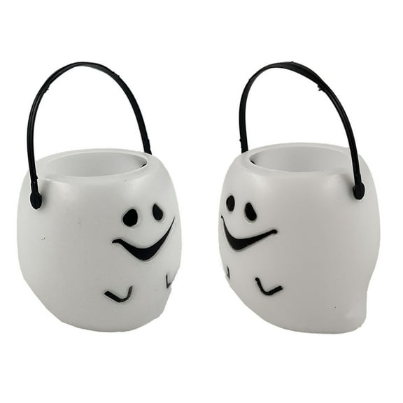 BingTong Halloween Candy Kettle Bucket Novelty Skull Ghost Mini Buckets With Handle Novelty Candy Holder Candy Cans For Kids Halloween Party Supplies Favors 1pcs White Ghost Bucket