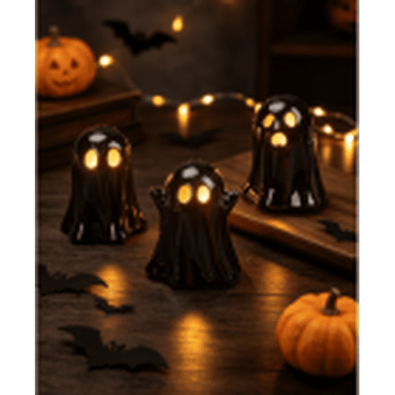 BingTong Halloween Decorations Ceramic Ghost 3PCS, LED Light Up Ghost Decor Indoor, Halloween Ornaments Ghost Figurine Tabletop Decorations Funny Gifts Party Supplies 1-Black